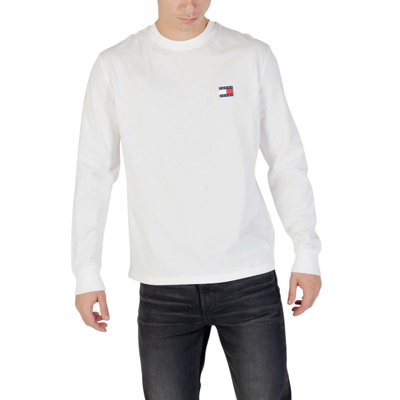 Tommy Hilfiger Jeans men's white long sleeve organic cotton t-shirt with round neck and logo print