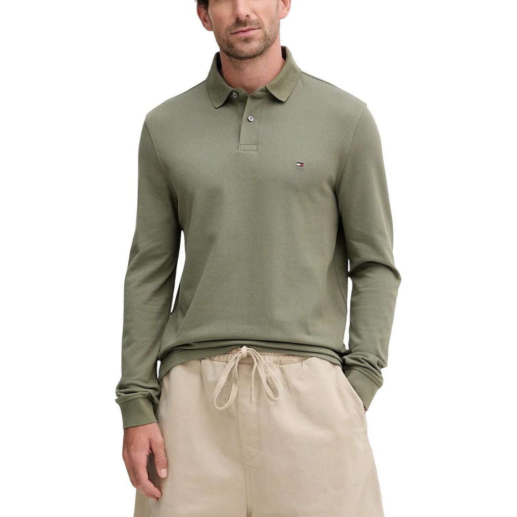 Tommy Hilfiger men's long sleeve green polo shirt with classic collar made of organic cotton and elastane