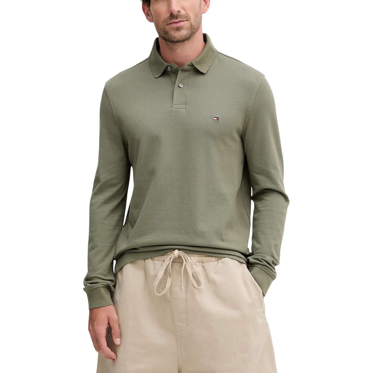 Tommy Hilfiger men's long sleeve green polo shirt with classic collar made of organic cotton and elastane